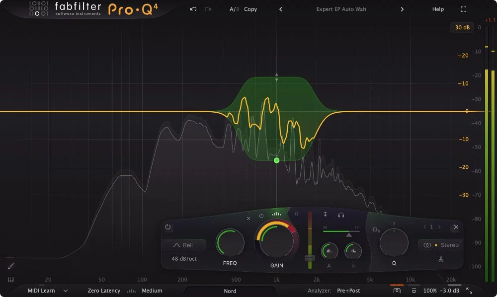 FabFilter Pro-Q 4 EQ plugin interface with spectral analyzer and parametric bands