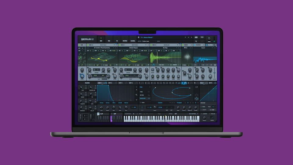 Serum 2 by Xfer Records running on a MacBook in a music production studio